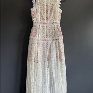 Self-Portrait White Lace Panel Midi Dress